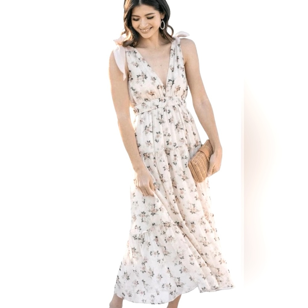 STORIA Patricia Shoulder Tie Floral Cottagecore Cream Pink Midi Dress. Sz Small